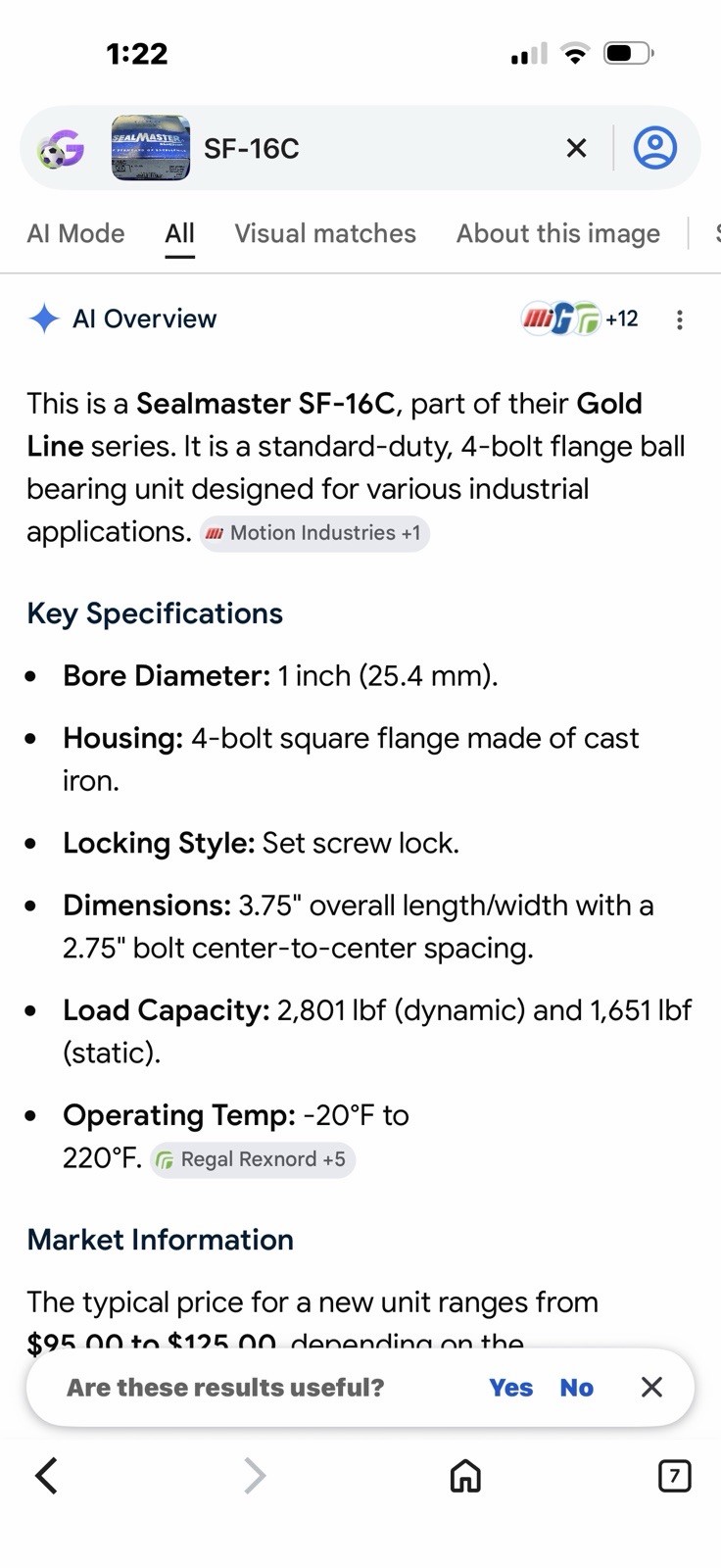 Sealmaster, SF-16C, Four Bolt Flange Bearing, 1″ Diameter (NEW) Made In USA