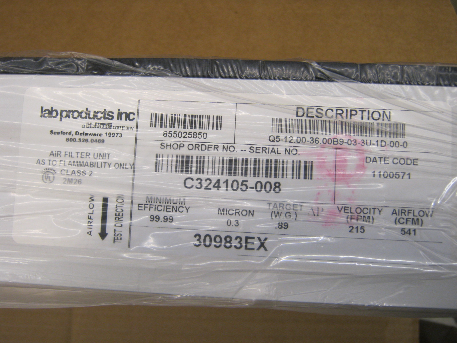 LAB PRODUCTS INC 855025850 AIR FILTER UNIT Q5-12.00-36.00B9-03-3U-1D-00-0