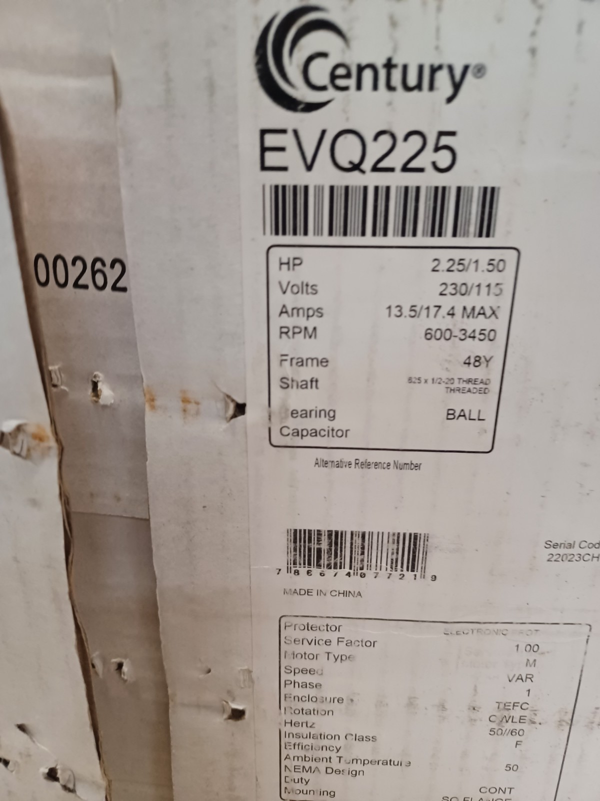 Century EVQ225 VGreen VS Motor 2.25HP 1 Phase 60Hz 230/115V 48Y Frame