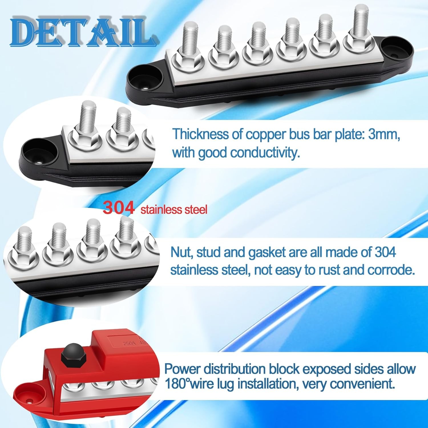 250A Bus Bar 12V Marine 1/4″ Power Distribution Block Automotive 6×1/4″