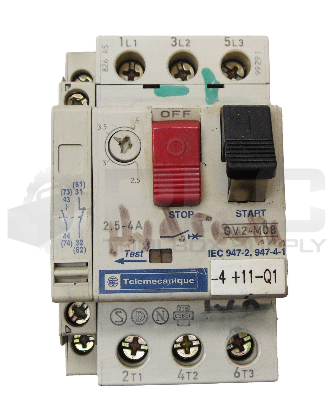 TELEMECANIQUE GV2-M08 CIRCUIT BREAKER 2.5-4A 690V W/ GV2-AN11 AUXILIARY CONTACT