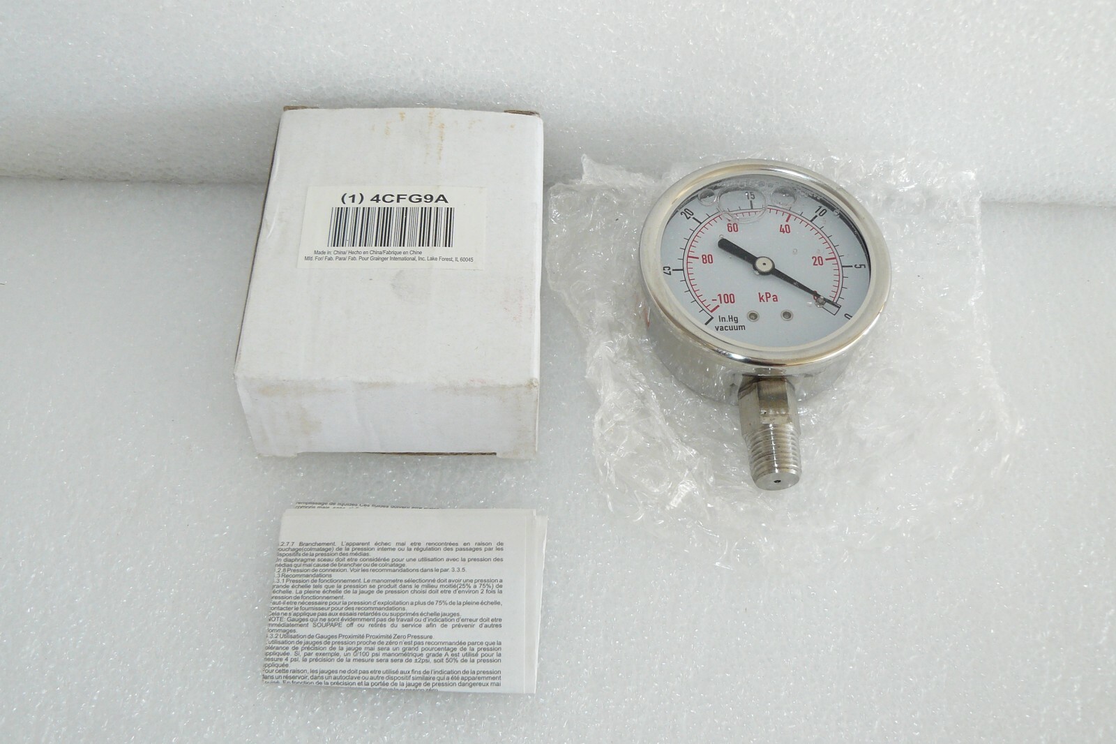 Grainger 4CFG9A Vacuum Gauge -30-0 In Hg Glycerin Filled 1/4″ NPT Stainless
