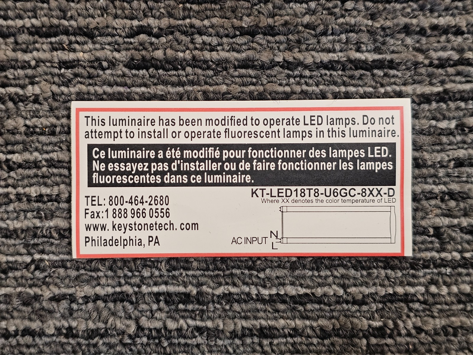 Keystone KT-LED18T8-U6GC 6-In Direct Drive U-Bend T8 LED Lamp 18W 4000K