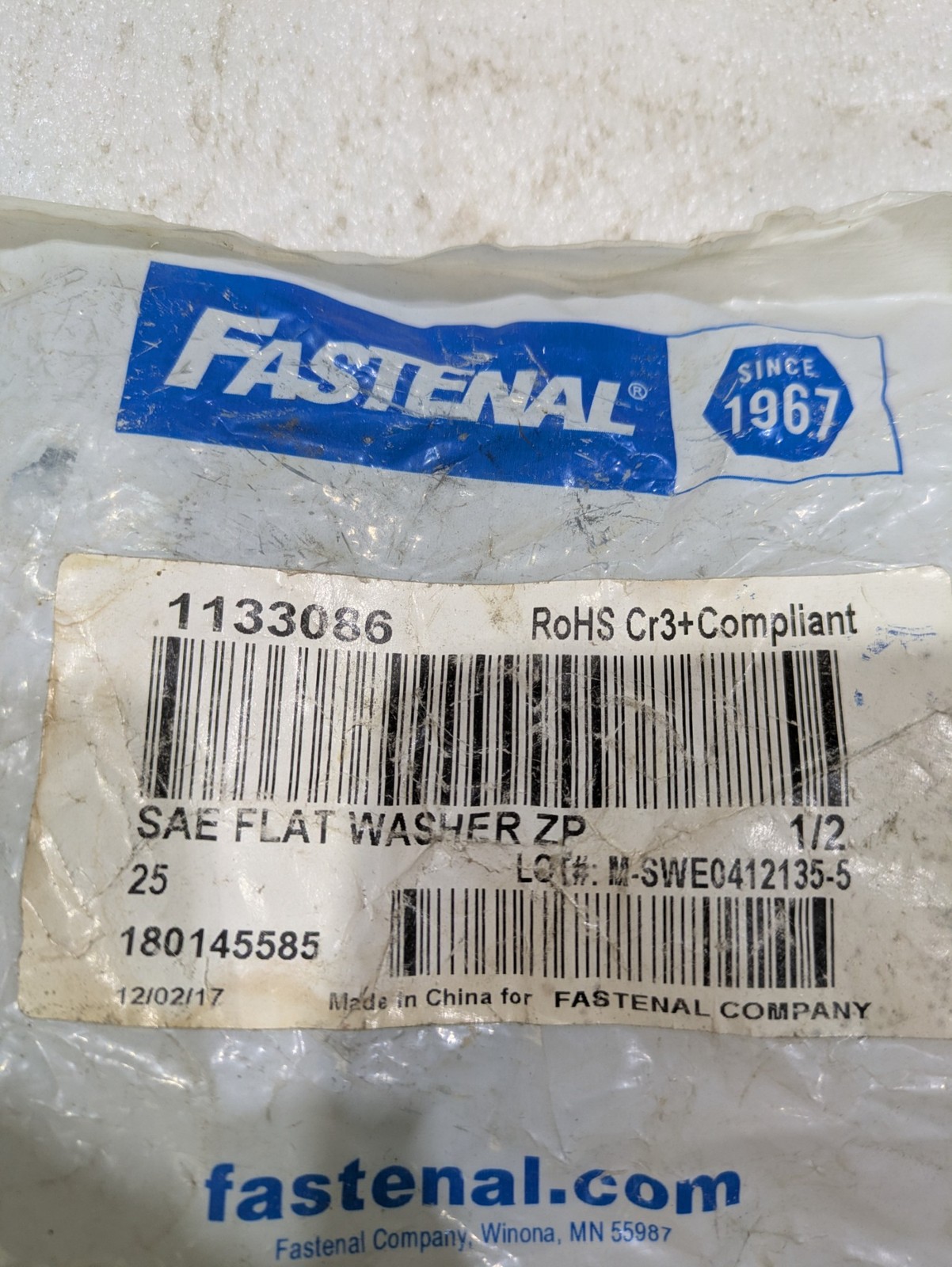 FASTENAL 1133086 SAE FLAT WASHER ZP 1/2″ x 1.062″ OD 25/PK