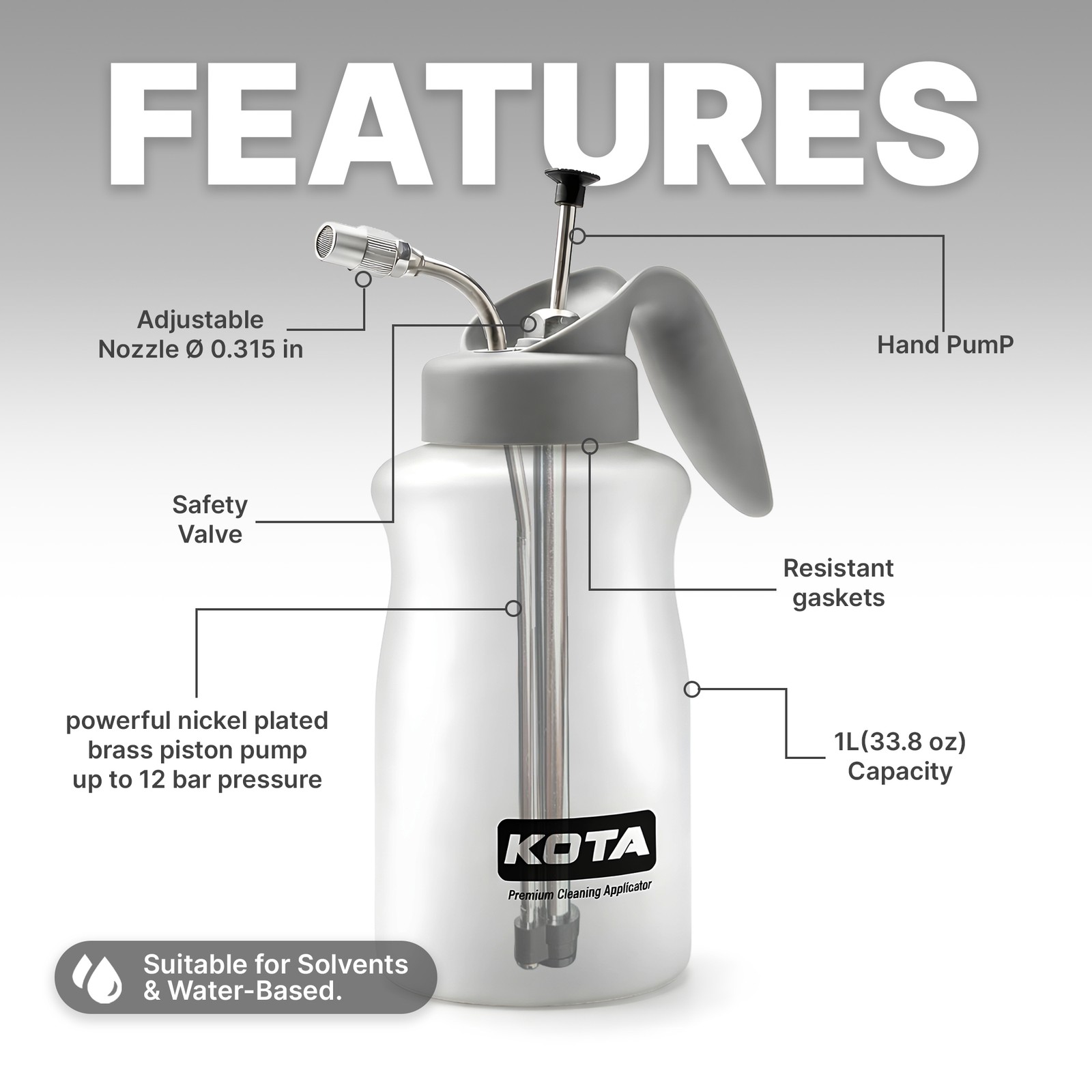 KOTA 1 L Adjustable Hand Pump Pressure Sprayer, Heavy-Duty Multipurpose Bottle