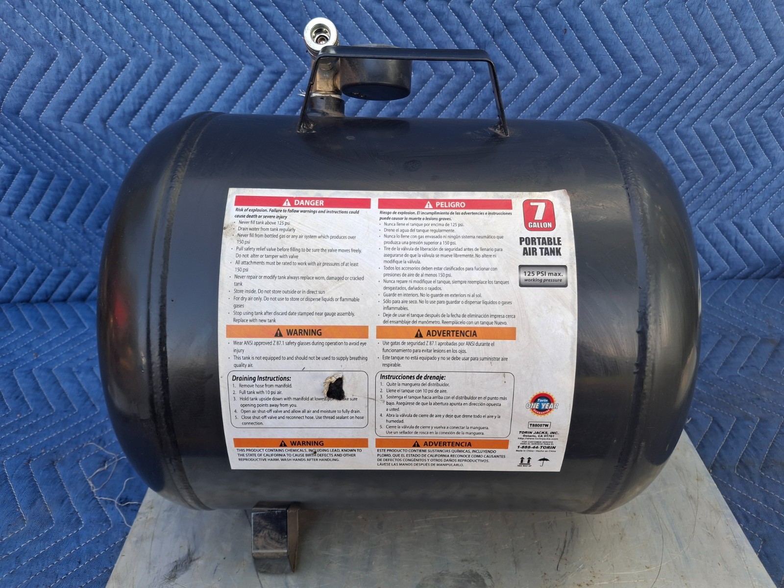 Torin Black Jack Steel Portable Horizontal Air Compressor Tank 7 Gal 125 Psi
