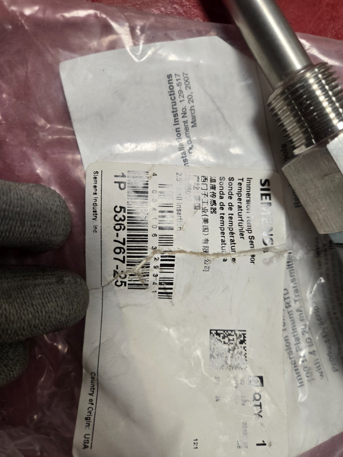 LOT of 3 New Siemens Industry 536-767-25 Immersion Temp Sensor