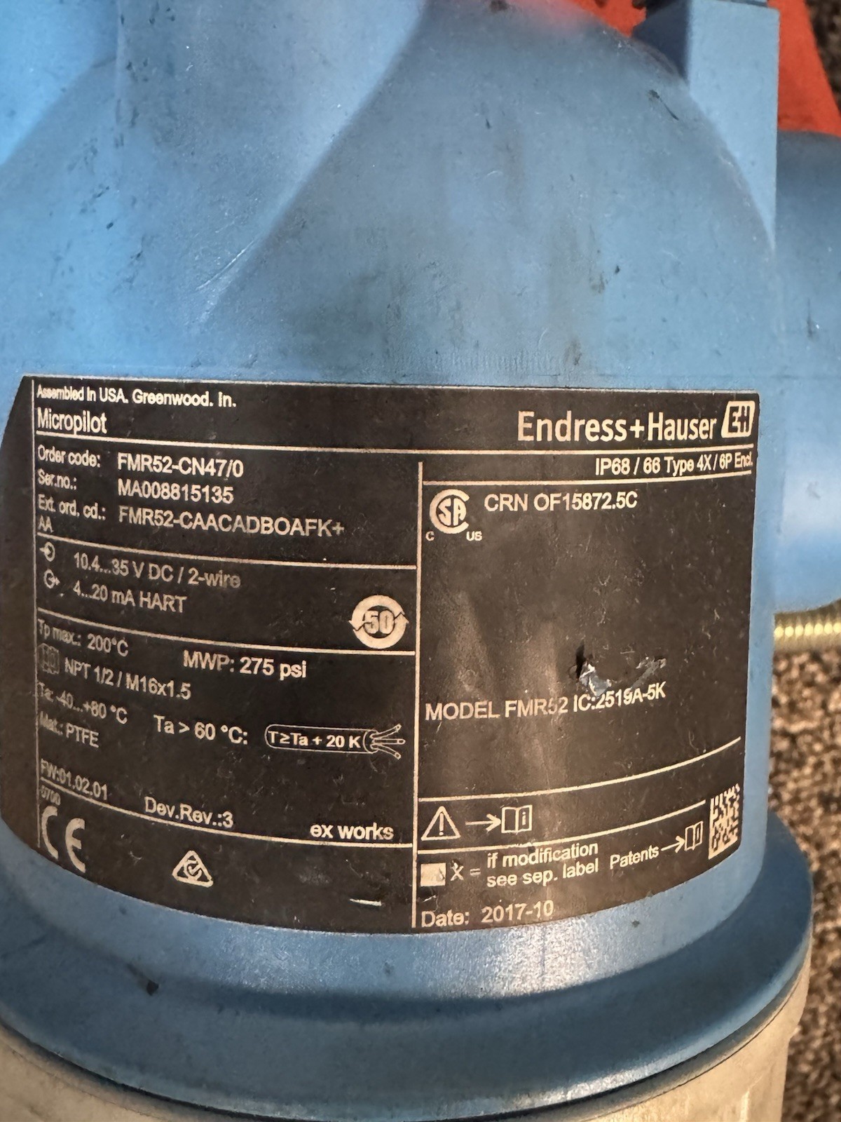 Endress + Hauser FMR52-CN47/0 High precision MicroPilot Radar Transmitter FMR52