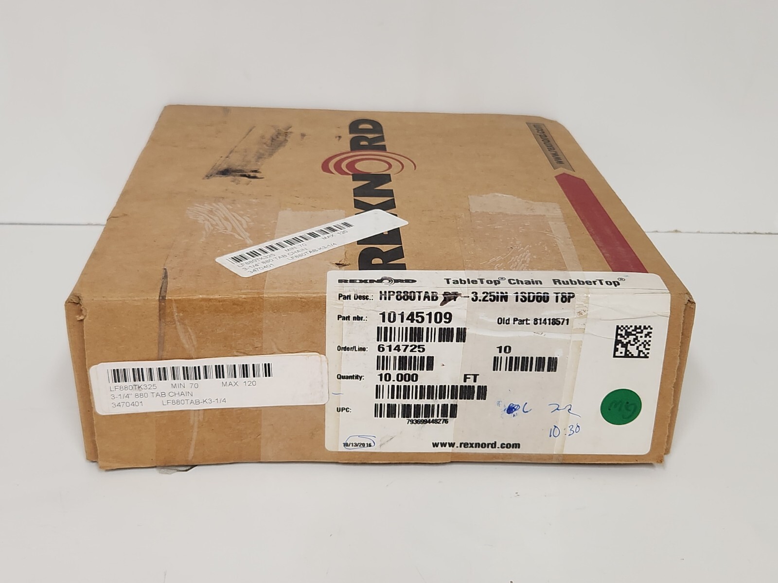 NEW IN BOX! REXNORD 10FT RUBBERTOP CHAIN 10145109 HP880TAB RT-3.25IN 1SD60 T8P