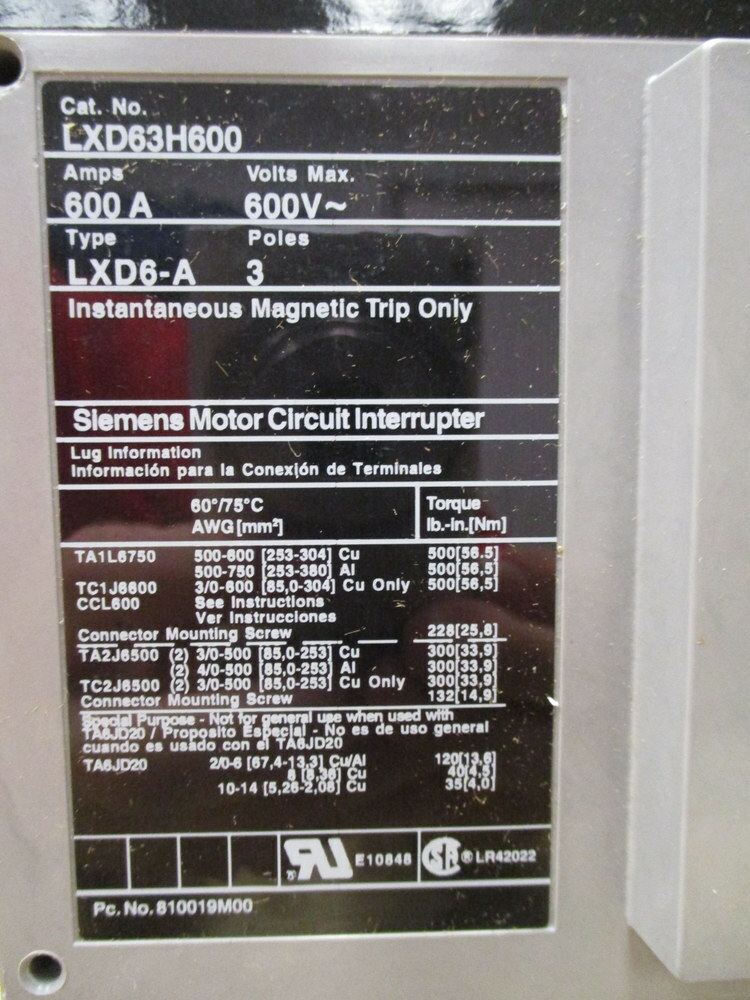 Siemens LXD63H600L 600 AMP Circuit Breaker LXD63H600