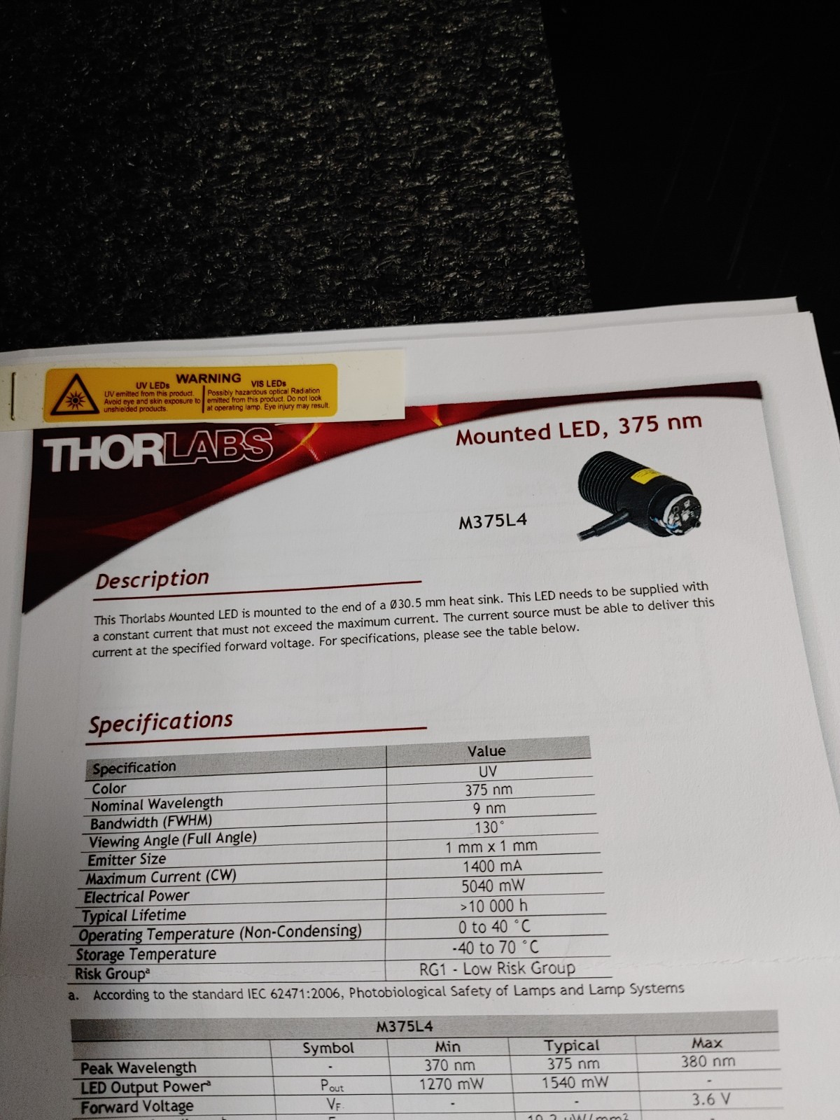 THORLABS M375L4 375 nm 1270 mW 1400 mA Mounted LED
