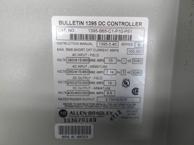 INDUSTRIAL SPARE PART 1395-B65-C1-P10-P51 SER. B 460VAC 10A NSNP