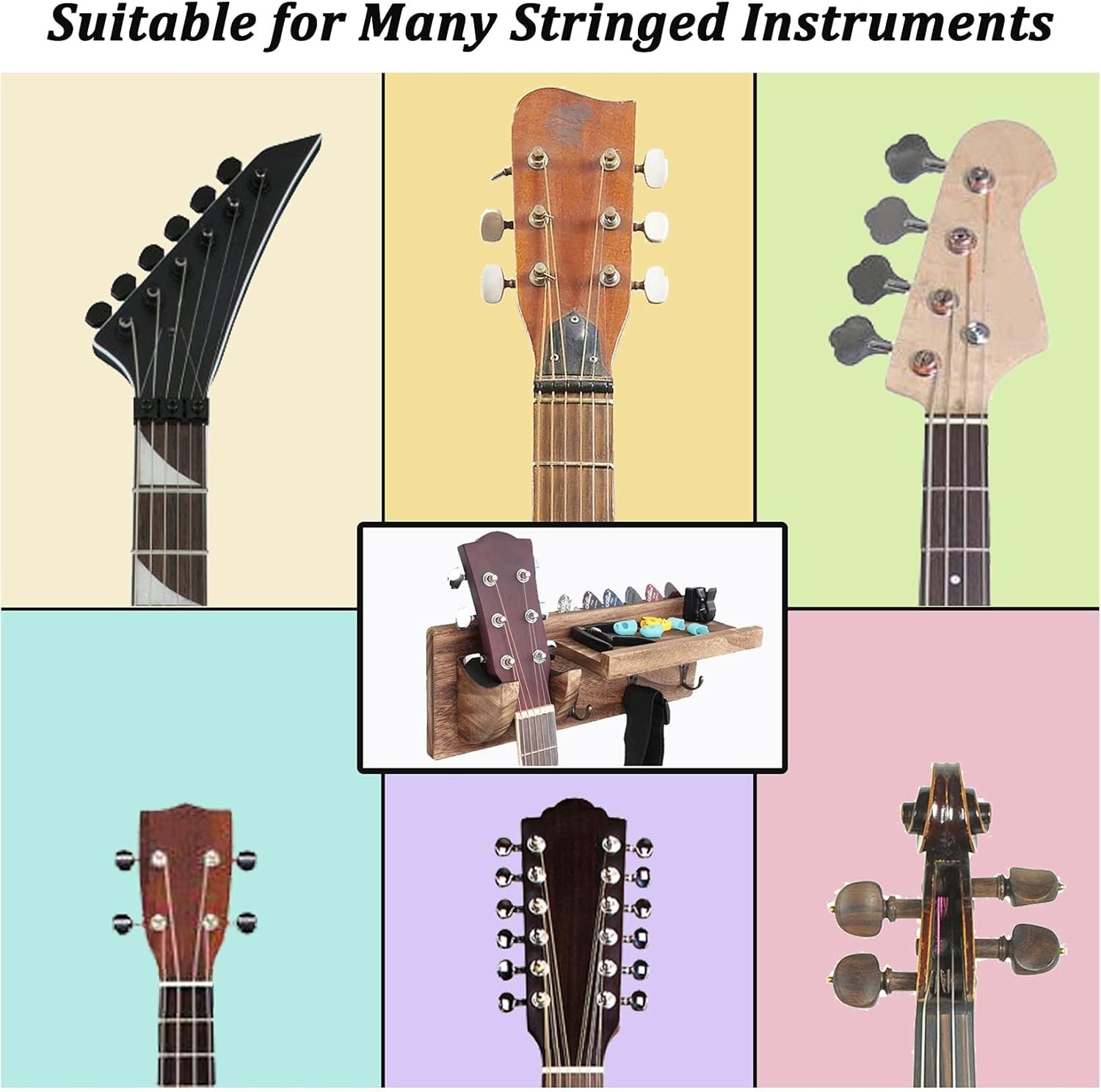Multifunctional Wall Mount Guitar Hanger with Shelf & Hooks for All Guitar Types