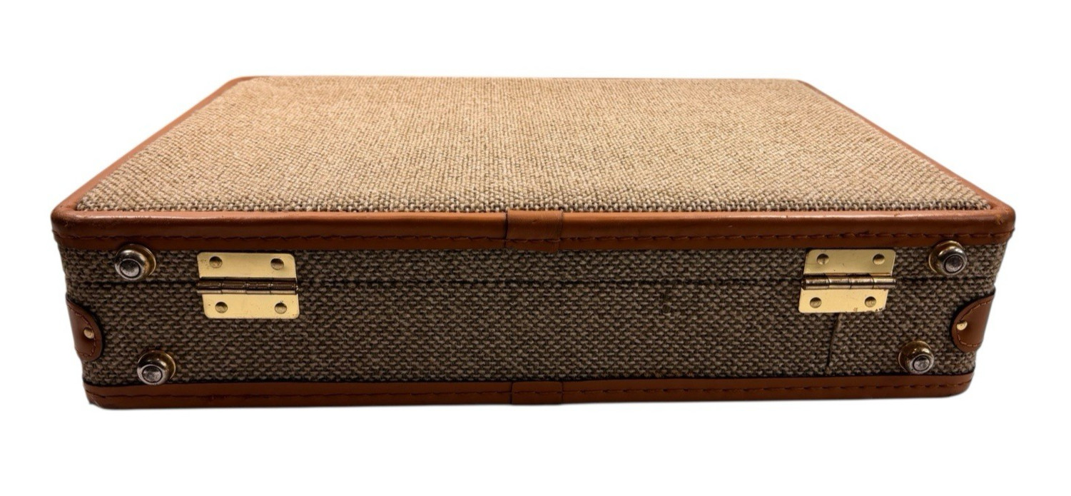 VINTAGE Jute Attaché Burlap Briefcase with Keys Leather Trim Brass Hardware
