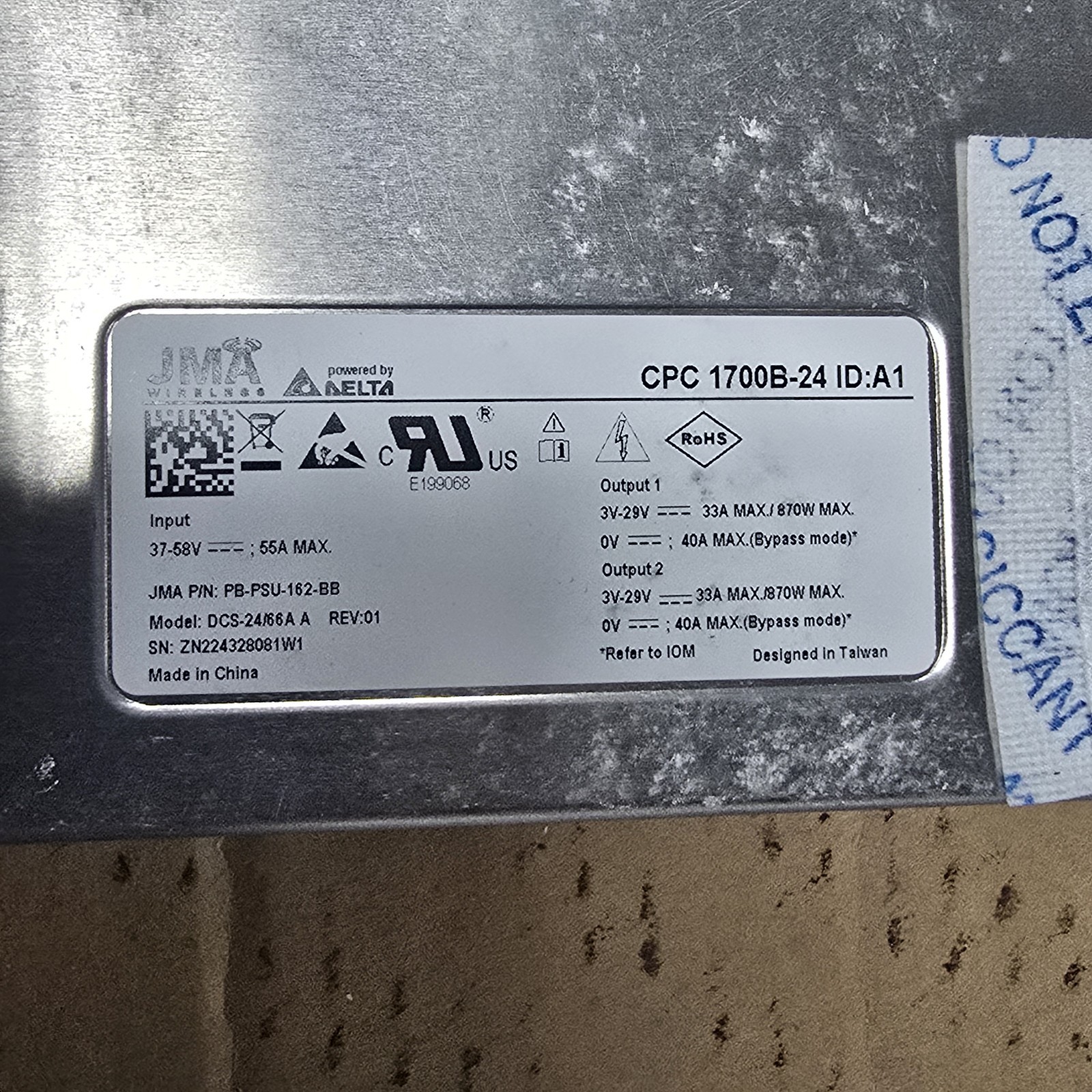 JMA Wireless PV-PSU-162 DCS-24/66A-S Power Supply Unit 24v