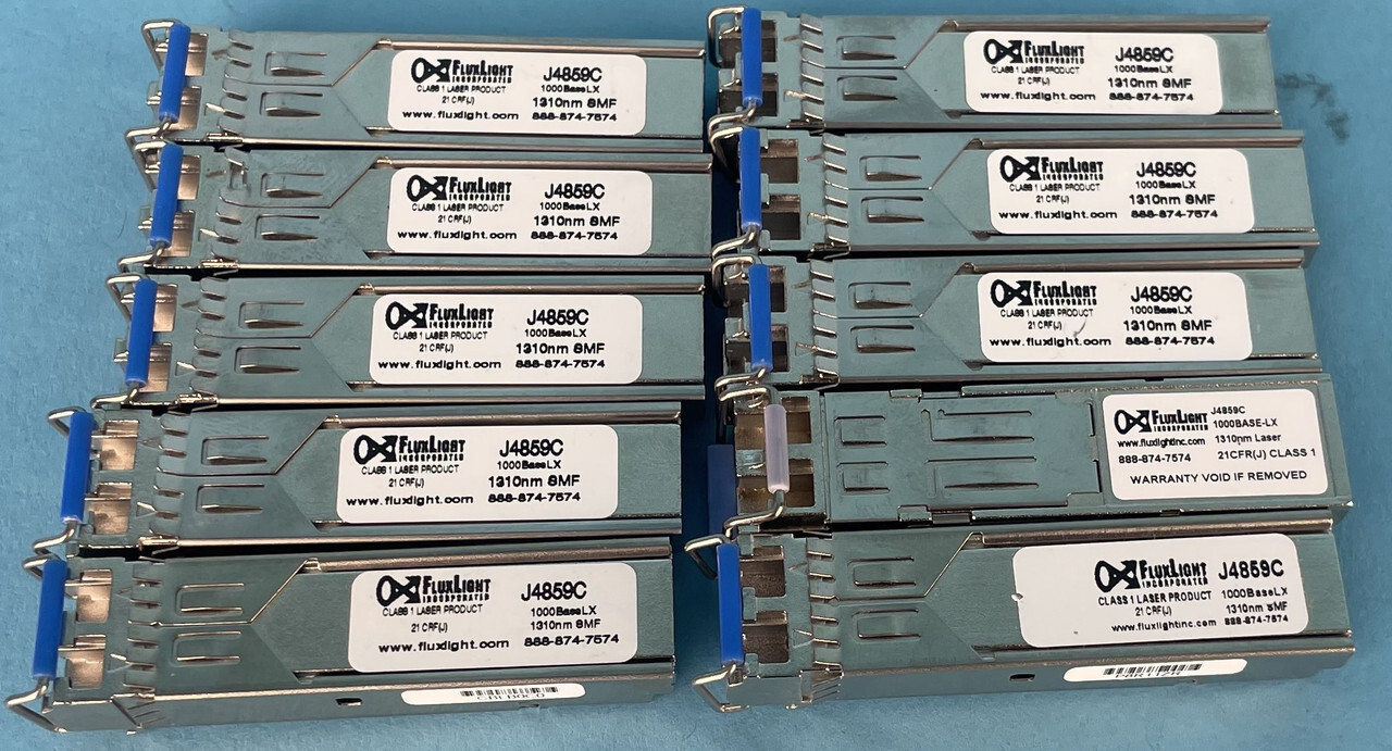 LOT OF 10 FLUXLIGHT J4859C 1000 BASE-LX SFP TRANSRECEIVER MODULES |010-7490604