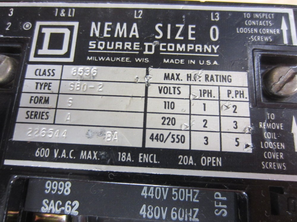 Square D 8536-SBO2 Starter 8536-SB02S w/o Overload Relay