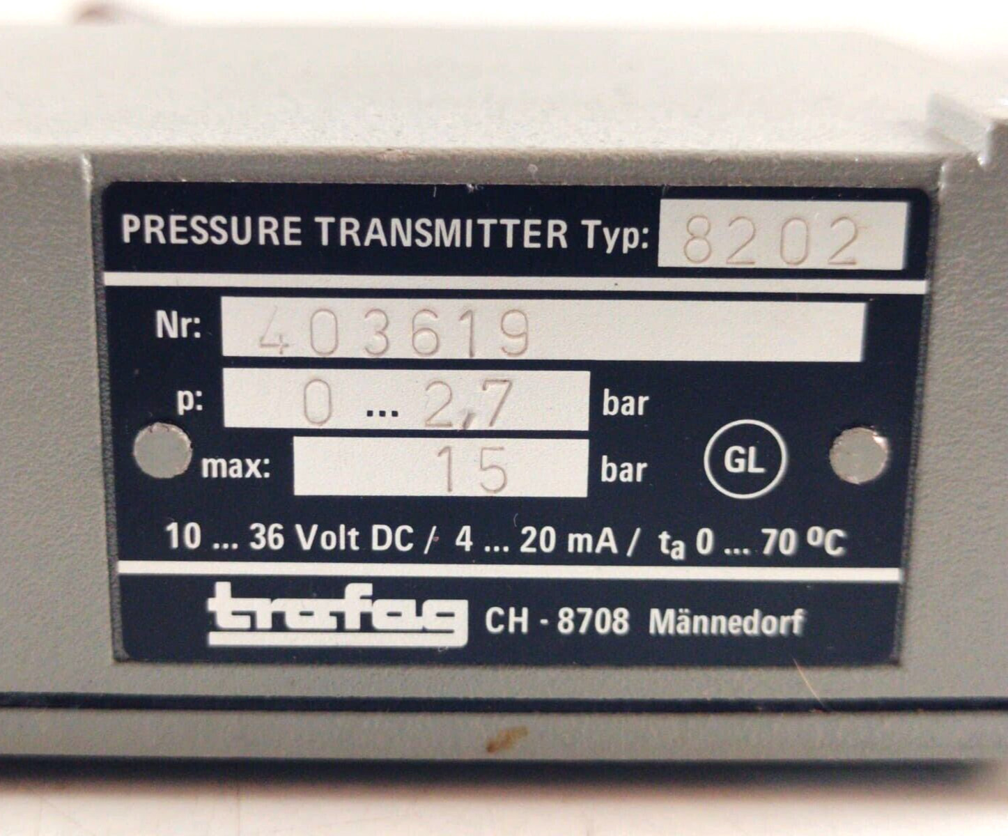 Trafag 8202 Pressure Transmitter Range: 0…2.7 bar, Max. Range: 15 bar, 10…36 Vdc