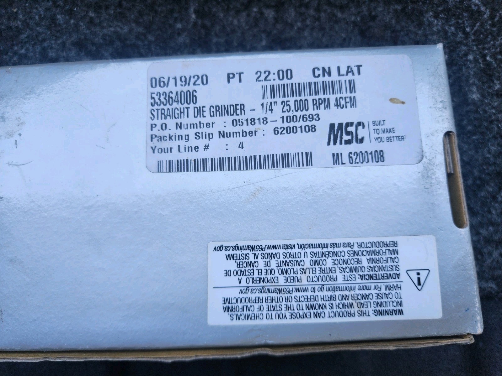 1/4″ Straight Die Grinder, 4 CFM, 25,000 RPM, 90 psi, 0.3 HP, Rear Exhaust