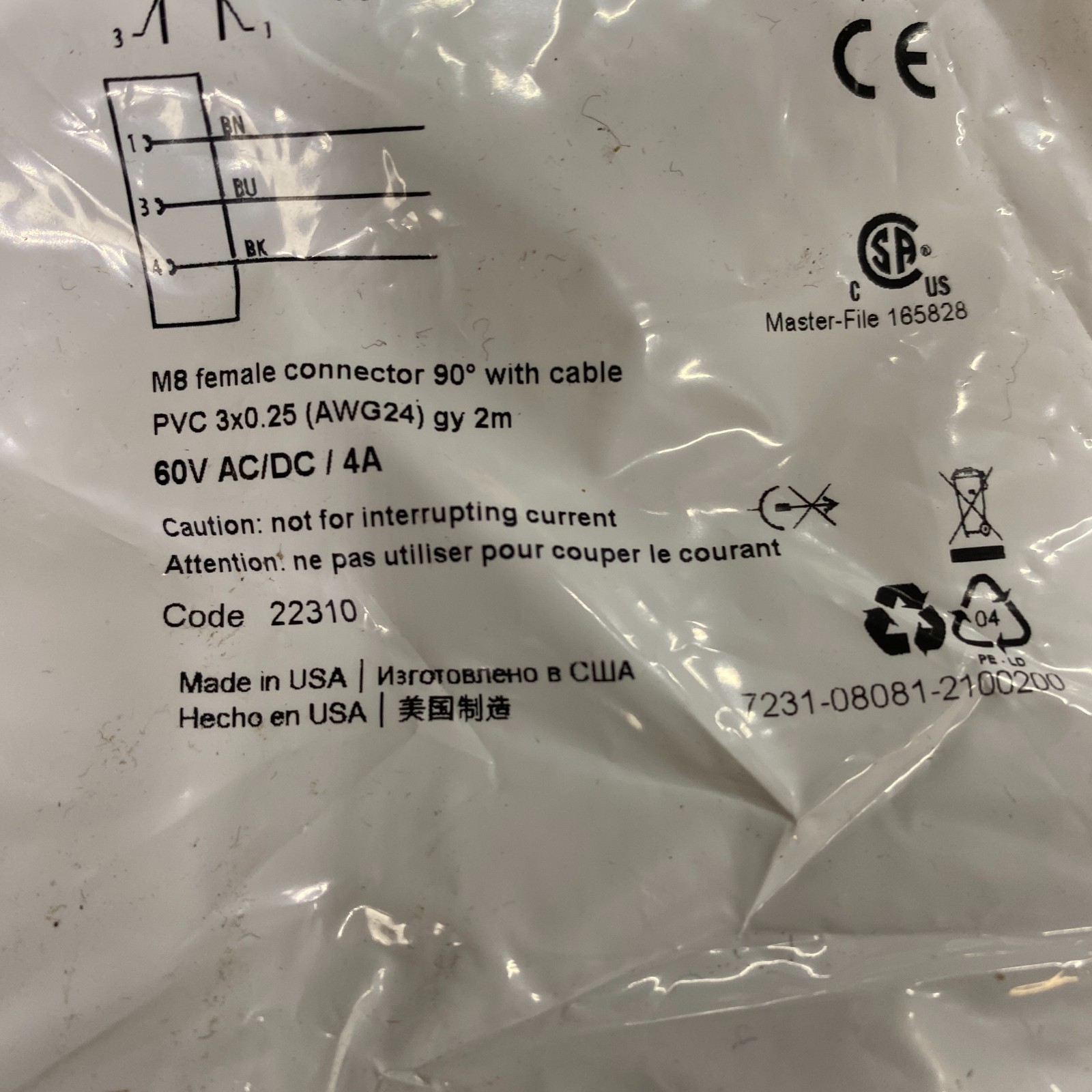 Automation Direct CD08-0A-020-C1 Cable,Female Connector 90 With Cable PVC 3X0.25