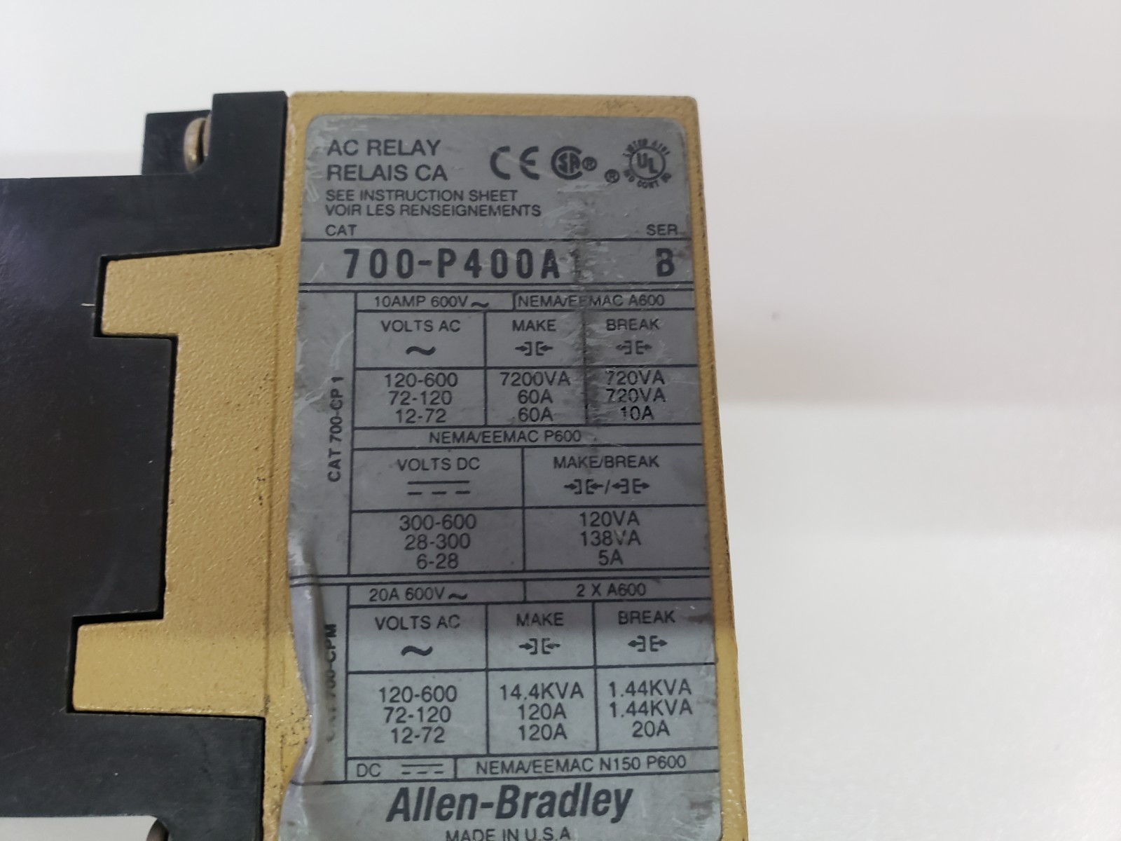 Allen-Bradley 700-P400A1 Ser. B Relay 700-PB40 120v
