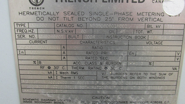 1 Phase Metering Transformer High Voltage 34500 LV 69/115 Trench N5550115601M
