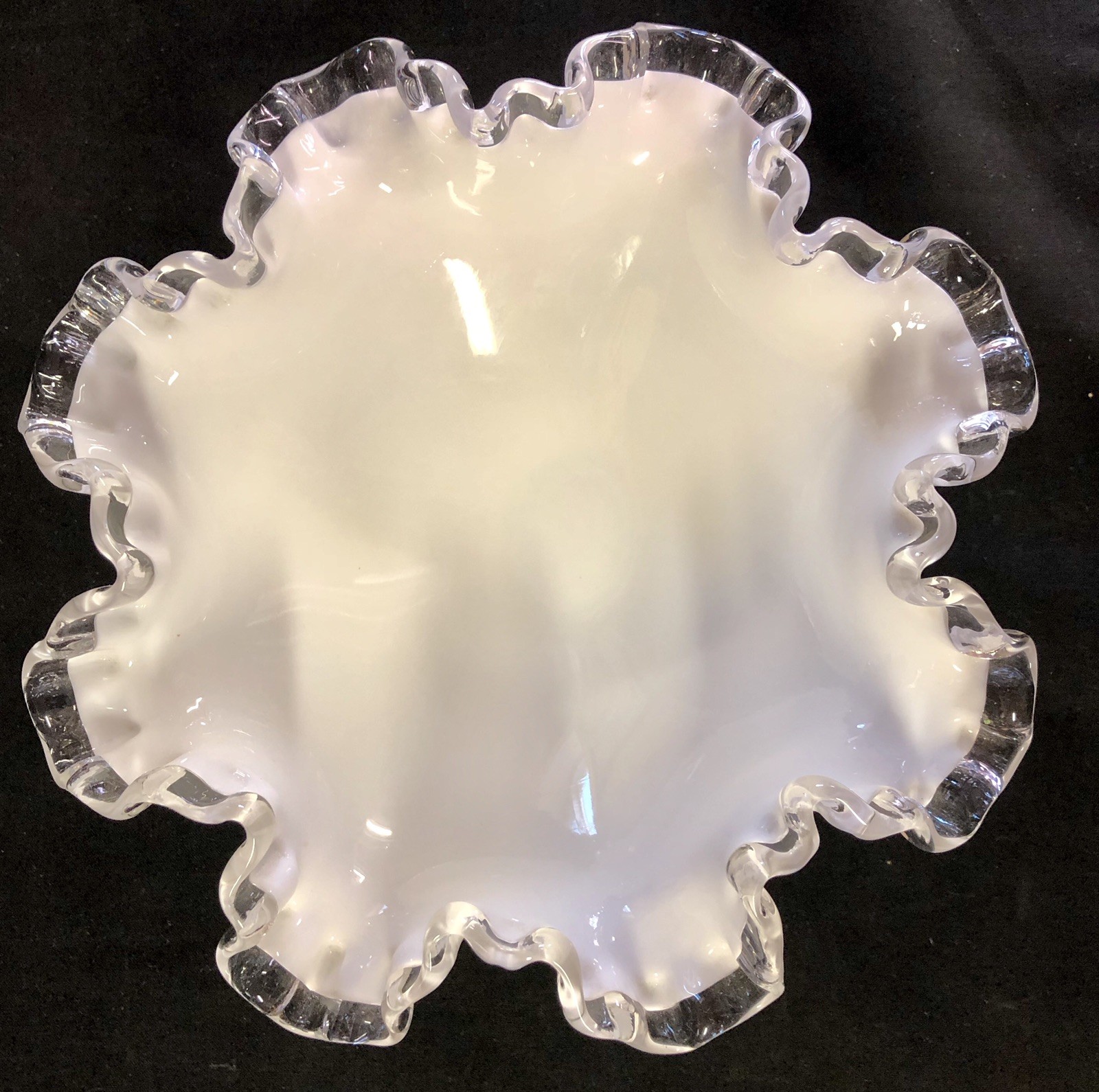 Vintage Fenton Large 8″ Milk Glass Silver Crest White Ruffled Compote Candy Dish