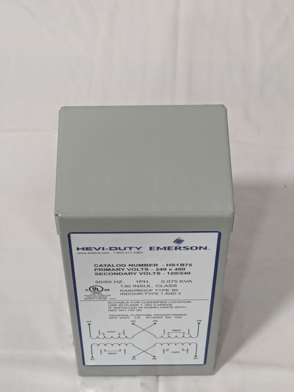 Sola/Hevi-Duty General Purpose Transformer 1 Phase, 240-480 Volt Input HS1B75