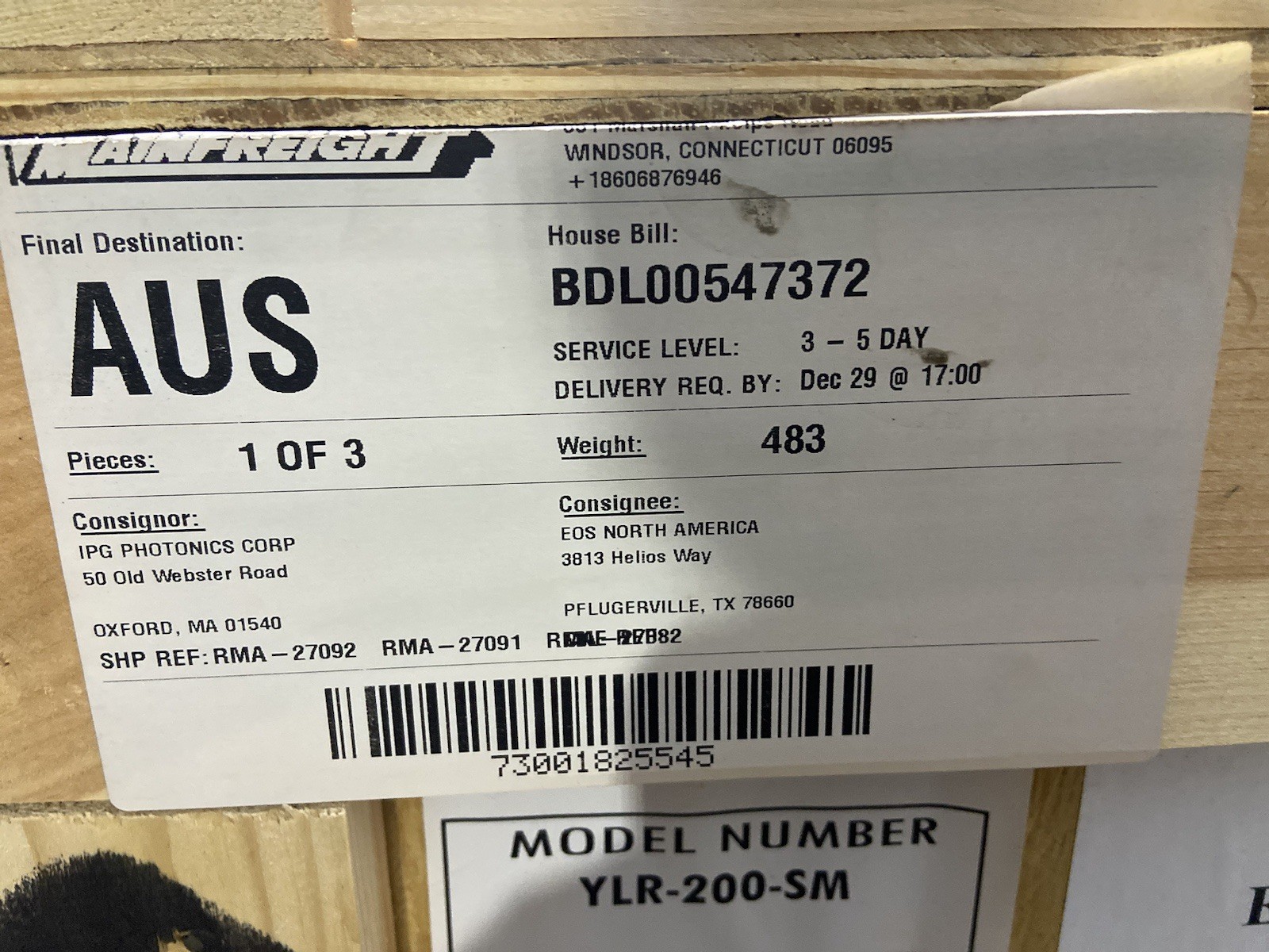IPG FIBER LASER IPG – YLR-200-SM-EOS, Germany. SN 8032625, MFG 11/2020