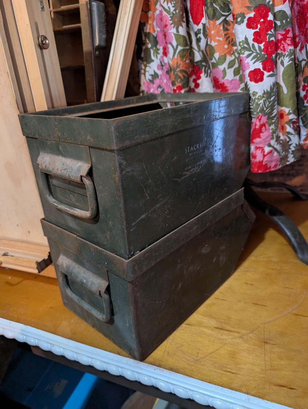 Metal Parts Bin With Handles Stacking Box Industrial vintage