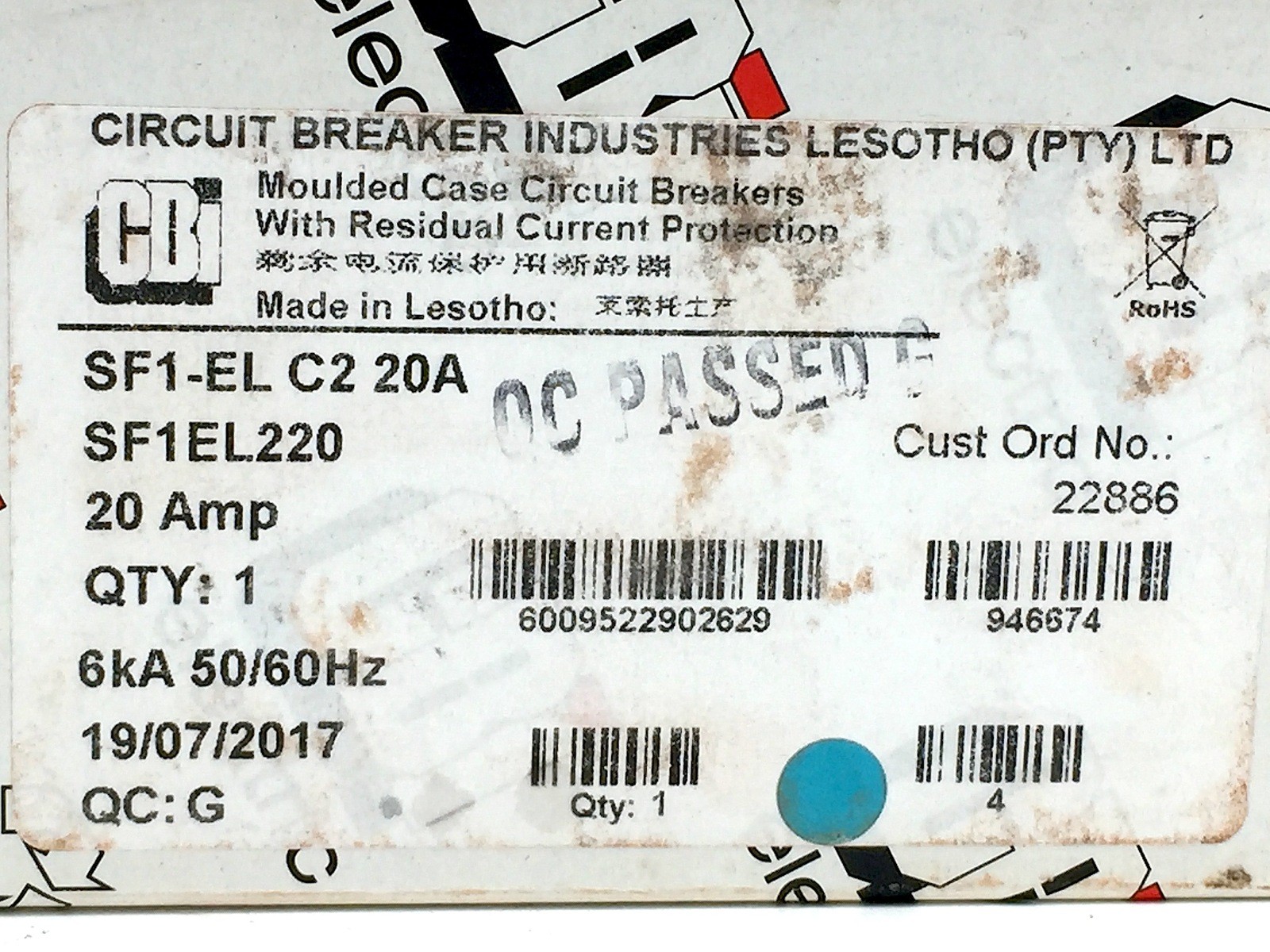 CBi Electric SF1EL220 Circuit Breaker with Residual Current Protection 20A 6kA
