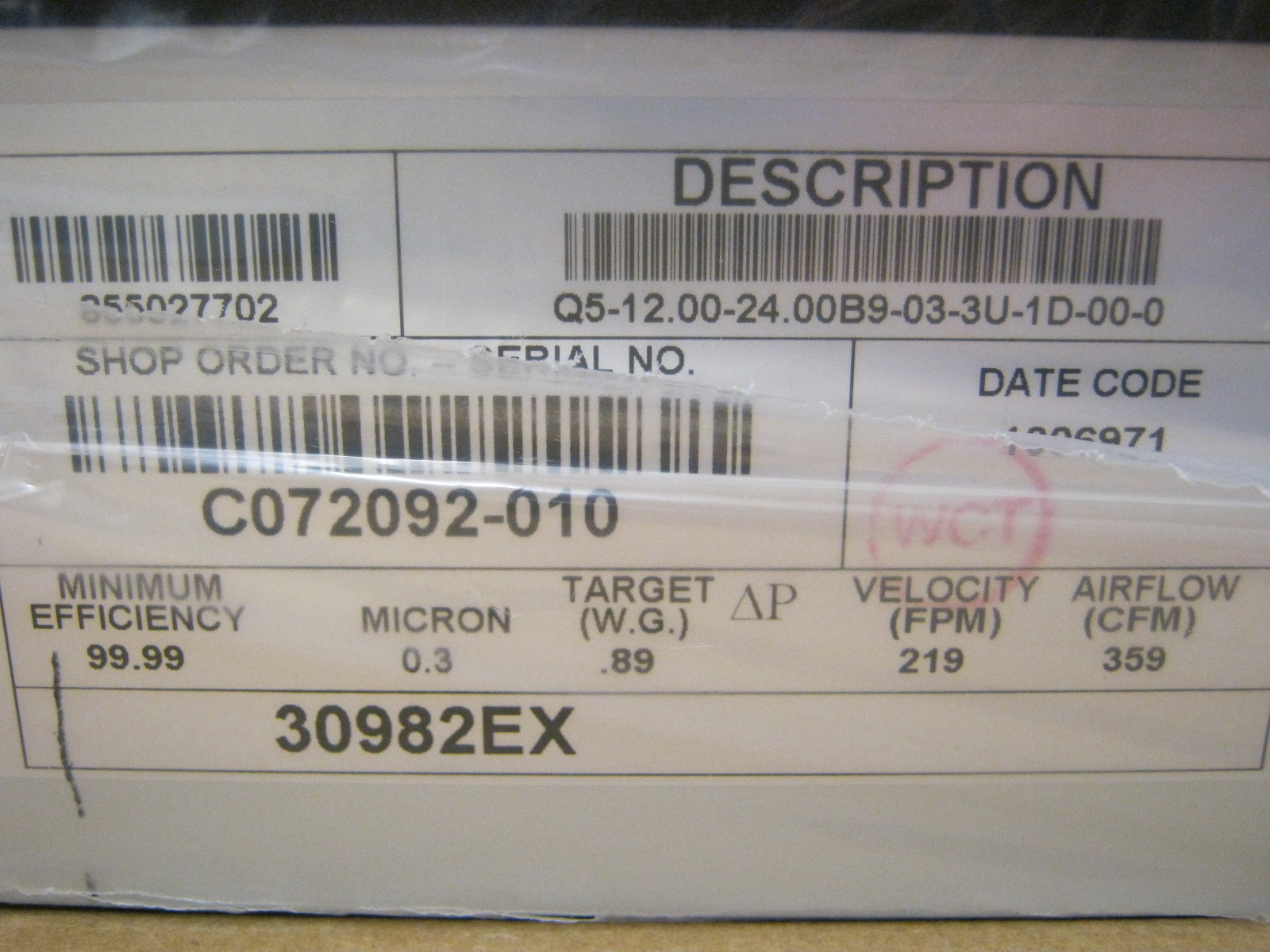 LAB PRODUCTS INC 855027702 AIR FILTER UNIT Q5-12.00-24.00B9-03-3U-1D-00-0