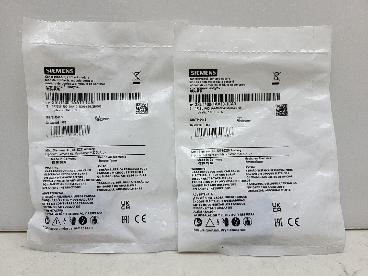 2 Pk Siemens 3SU1400-1AA10-1CA0 Contact Block SPST-NC Screw Terminal Front Mount