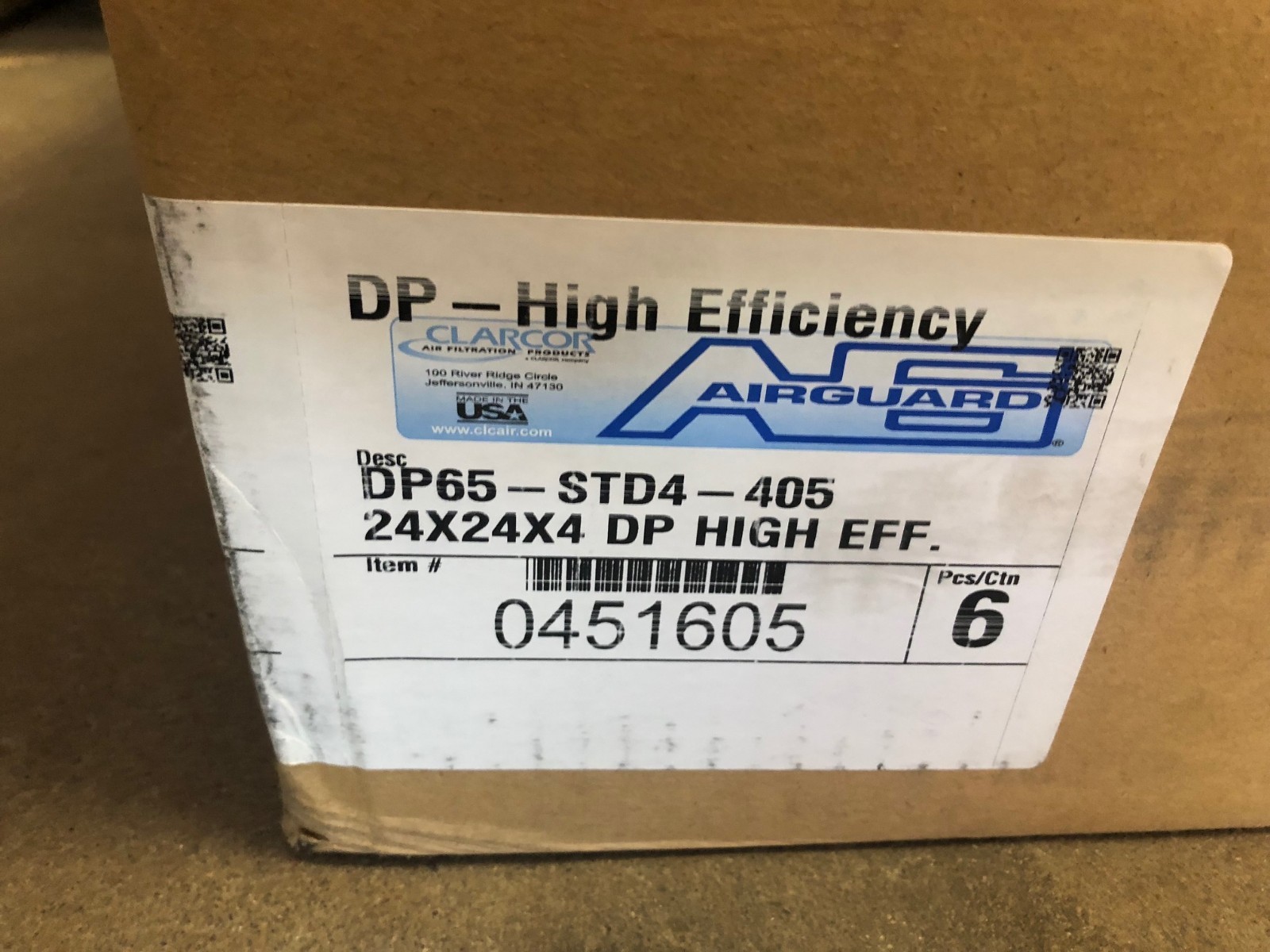 BOX OF 6 NEW! CLARCOR AIRGUARD PLEAT LINE AIR FILTERS 24X24X4 DP65-STD4-405