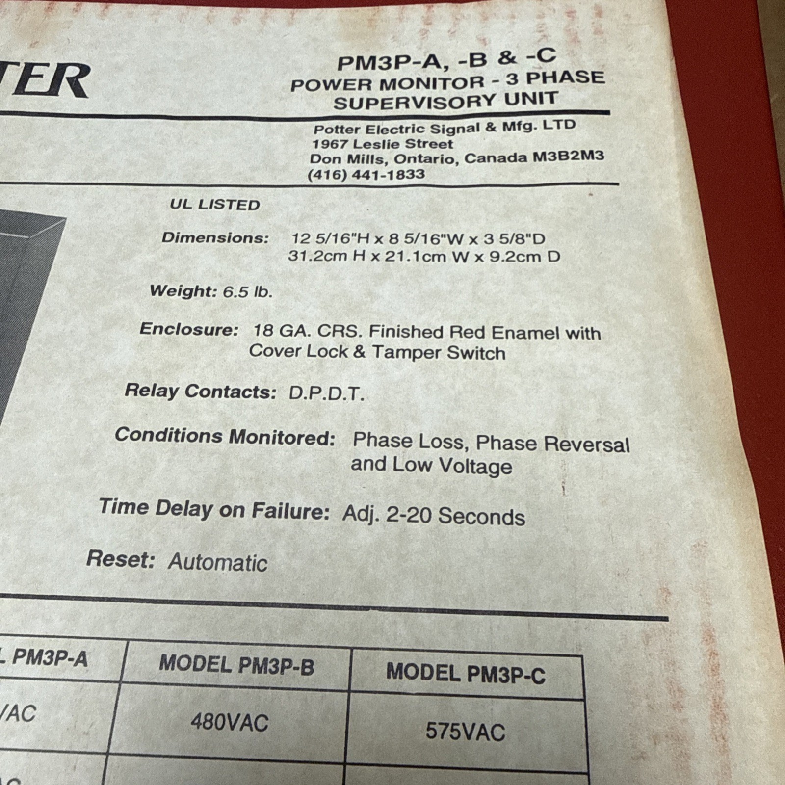 Potter PM3P-A Power Monitor 240V 60hz 1/2 w per phase 3 Phase supervisory Unit
