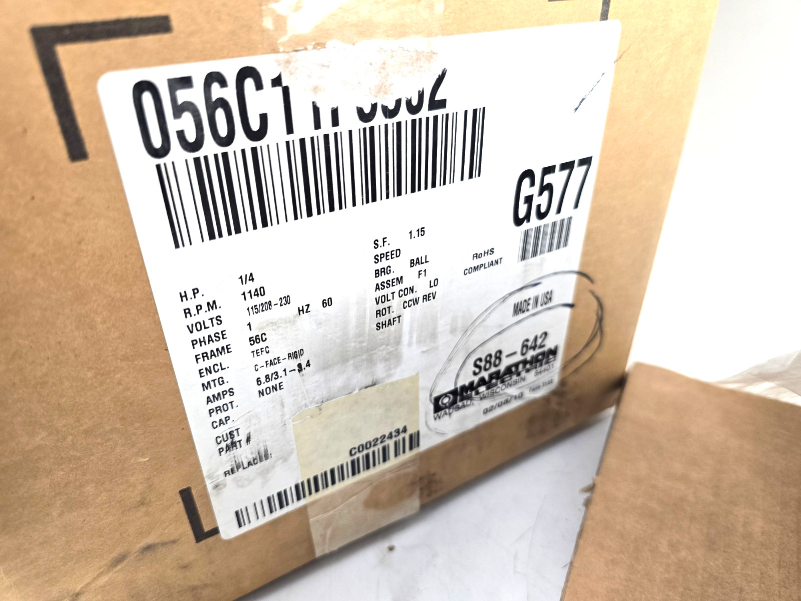 Marathon General Purpose Motor 1/4hp 1140rpm 1PH 56C Frame TEFC 56C11F5302K