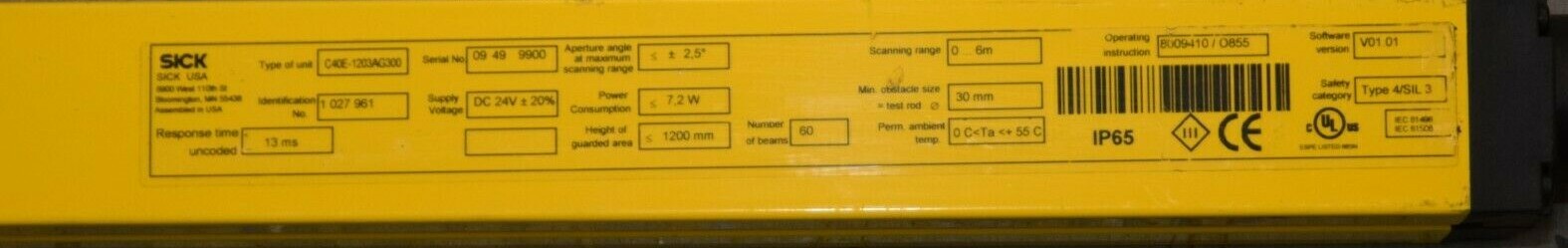 (New) SICK C40E-1203AG300 C4000 Series 1200mm 24Vdc Light Curtain Basic+