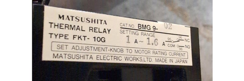 Matsushita BMG 9-02 Thermal Relay, Type FKT-10G, 0.2kW, 1a~1.6a Adj. Range