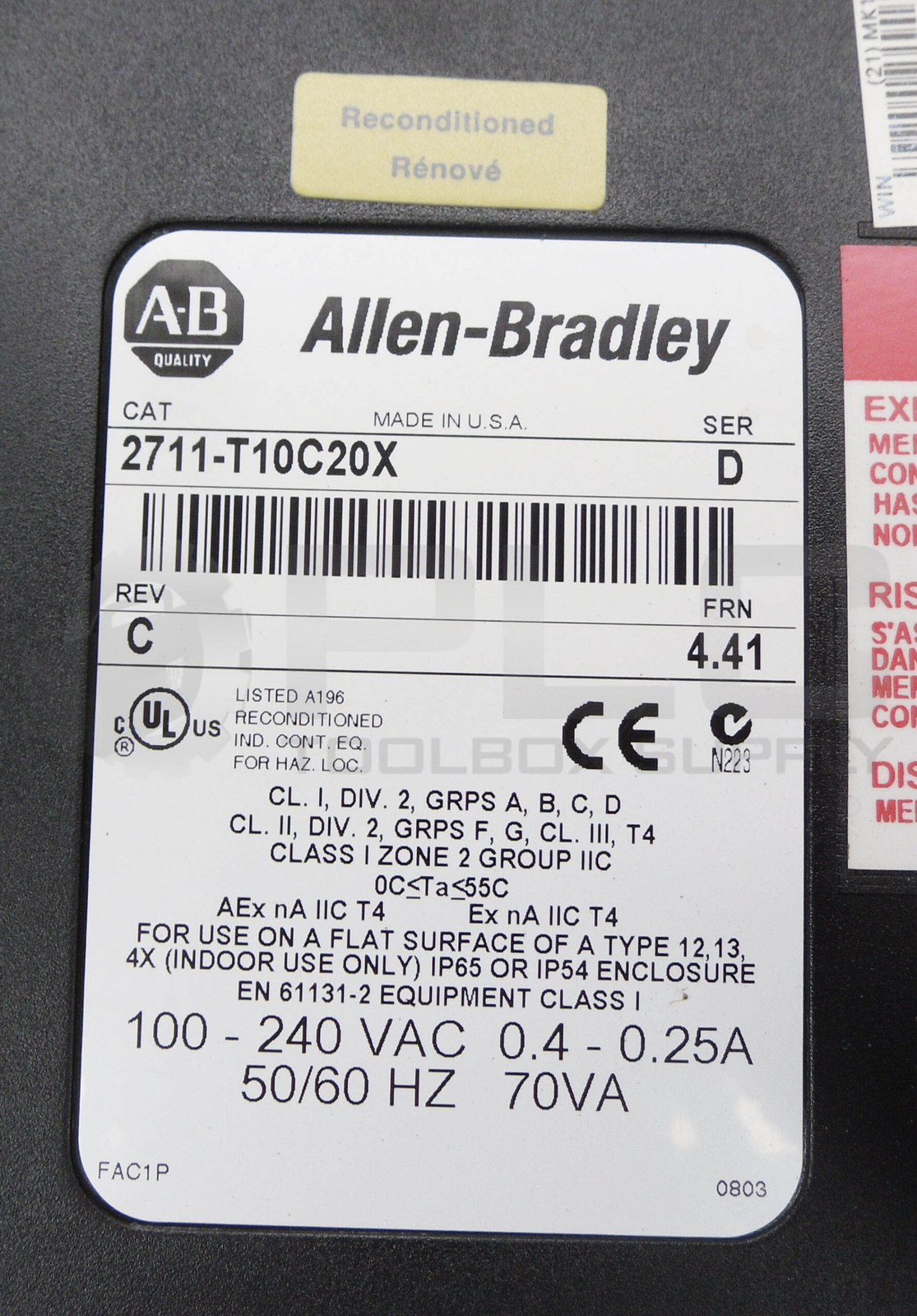 ALLEN BRADLEY 2711-T10C20X /D PANELVIEW 1000 OPERATOR INTERFACE 10.5″ FRN 4.41