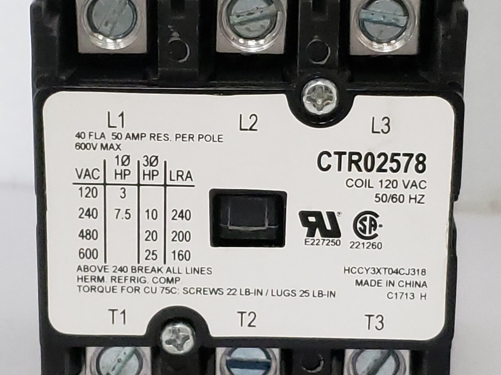 SERVICE FIRST CTR02578 CONTACTOR 3P 40A 120V 50/60HZ NIB