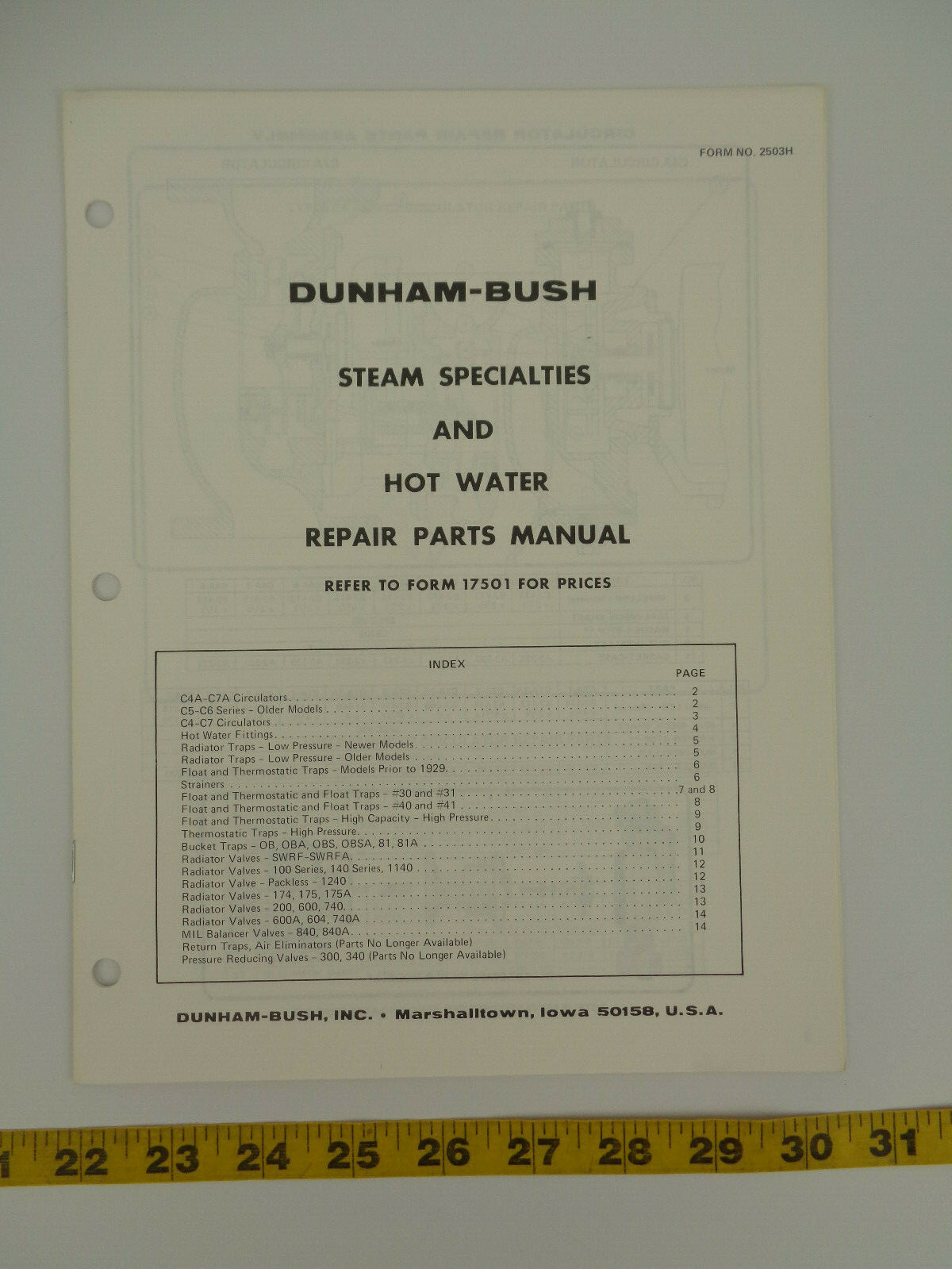 DUNHAM-BUSH Steam Specialties Hot Water Repair Parts Manual Form No. 2503H