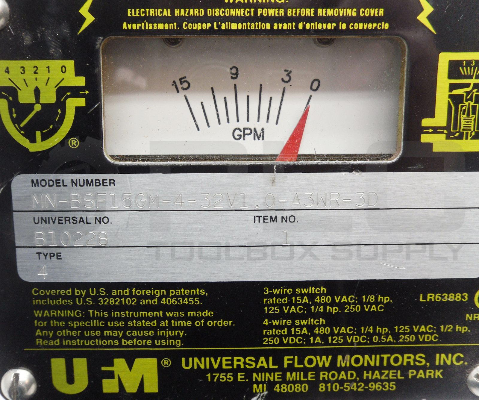 NEW UFM MN-BSF15GM-4-32V1.0-A3WR-3D FLOW METER LR63883 B10228 15A 480VAC 1/8HP