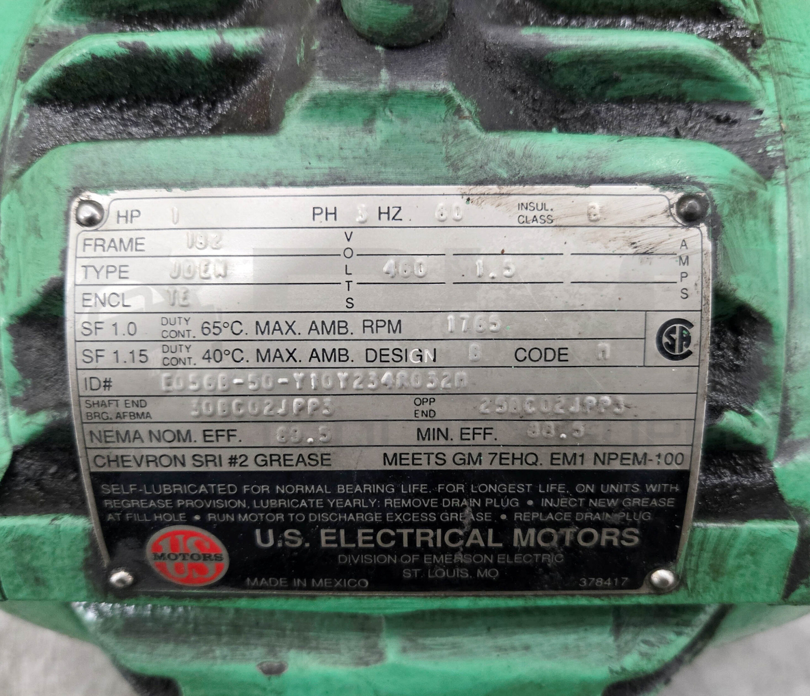 US ELECTRICAL MOTORS E056B-50-Y10Y234R032M MOTOR 1765RPM 3PH 1HP FR: 182
