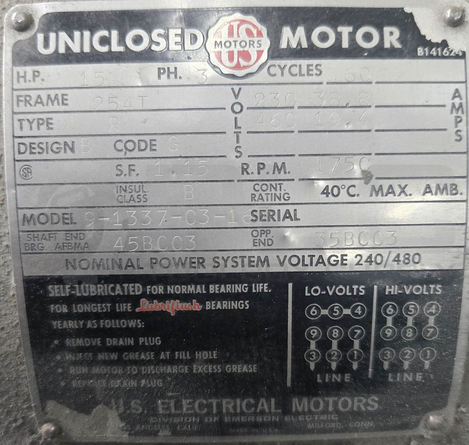 US ELECTRICAL MOTORS 9-1337-C3-167 UNICLOSED MOTOR 15HP 3PH 1750RPM FR: 254T
