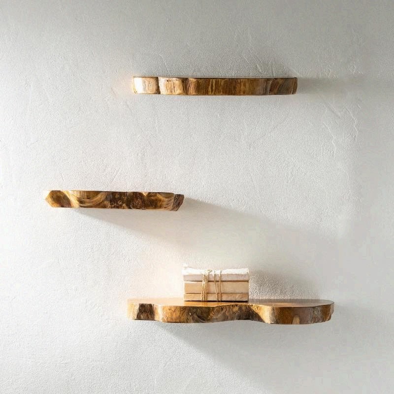 Set of 3 Live Edge Teak Floating Shelves Rustic Natural Wood Wall Decor Display