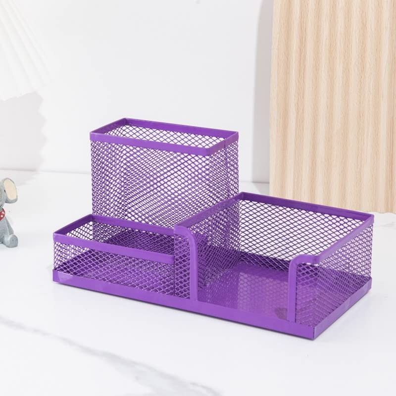 PURPLE Metal Mesh 3 Compartment Desk Organizer Pencil 3 Compartment, Purple