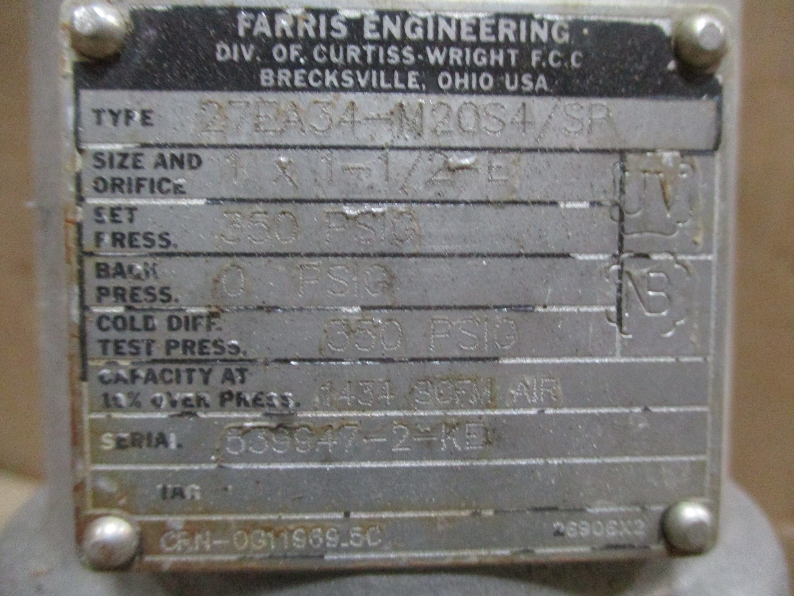 Farris Engineering Type 27EA34-M20S4/SP Pressure Relief 1×1-1/2-E 52978PRX