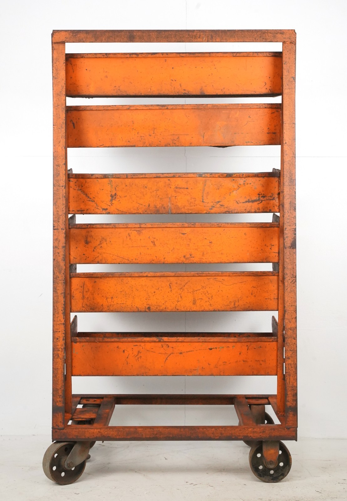 Industrial Six Tray Orange Steel Rolling Cart