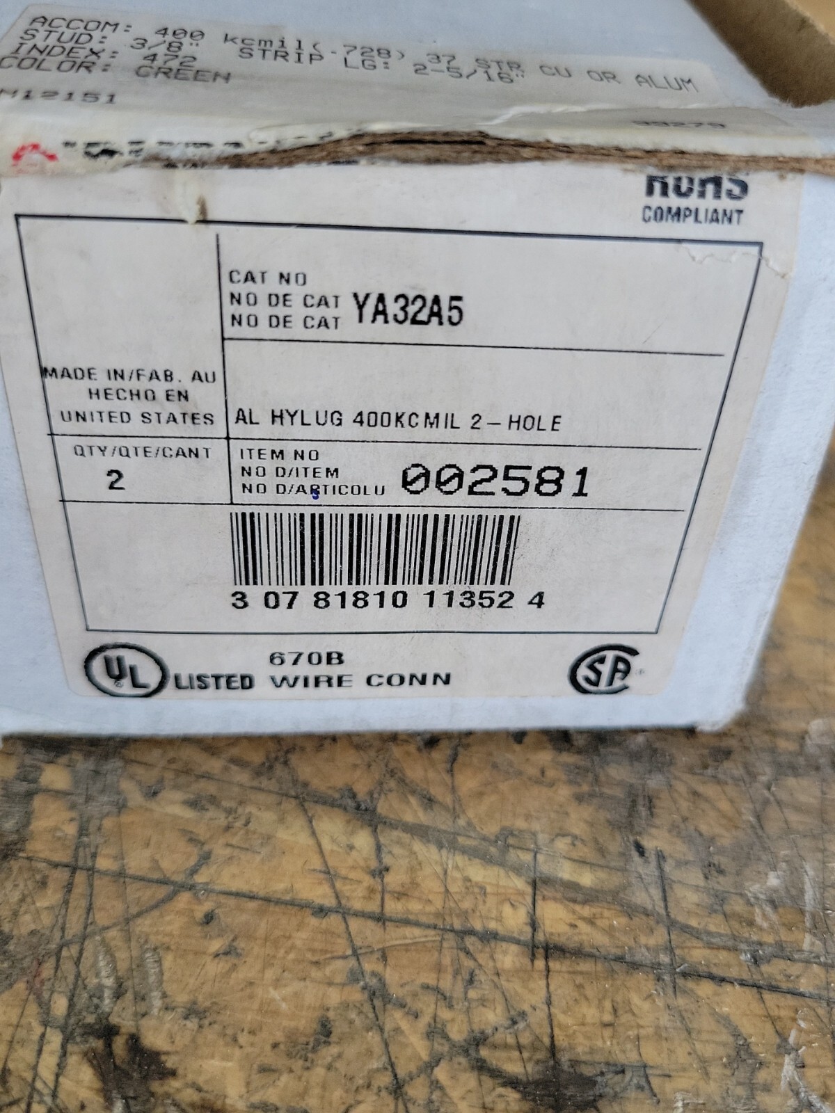 1) New Open Box! Burndy Compression Terminal Lug AL9CU Die 472 400MCM YA32A5