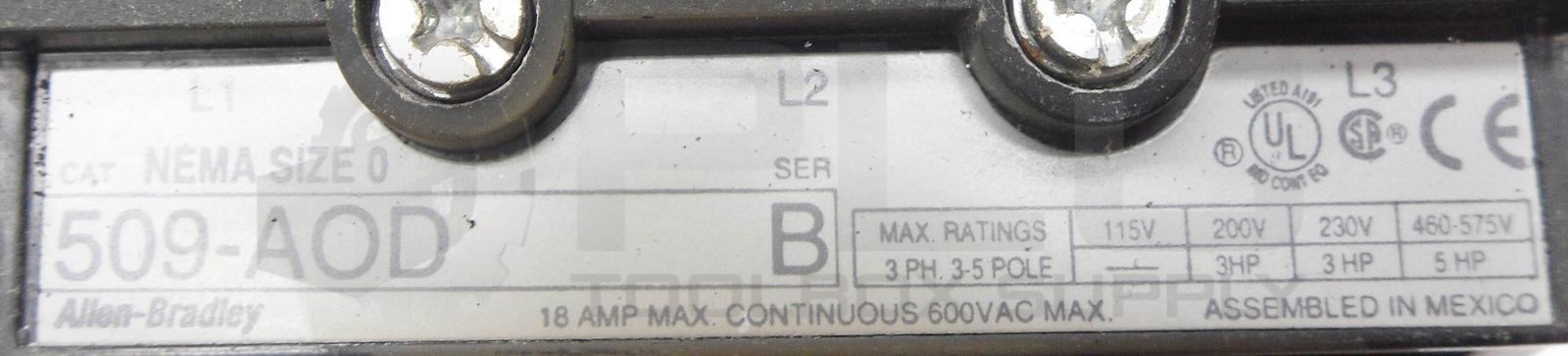 ALLEN BRADLEY 509-AOD /B STARTER W/ 42185-800-01 W/ CB236 COIL W/ 595-A /C